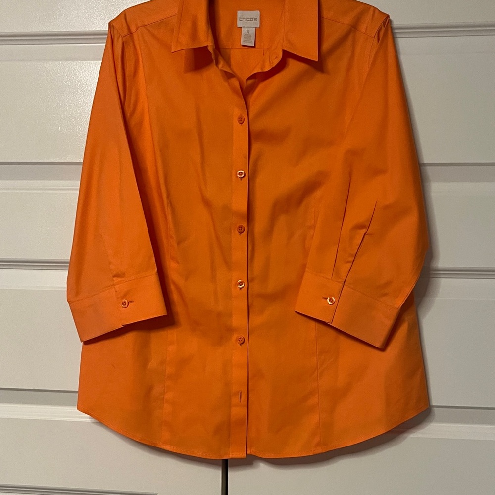 Chico's 2, Vibrant Orange No Iron Blouse NWOT